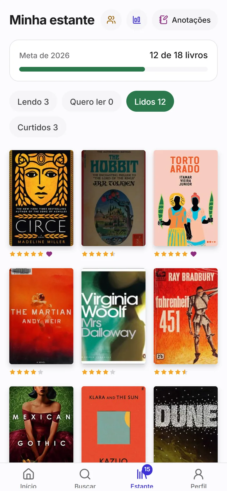 Tela Minha estante do app: meta de leitura do ano e os livros lidos com as notas
